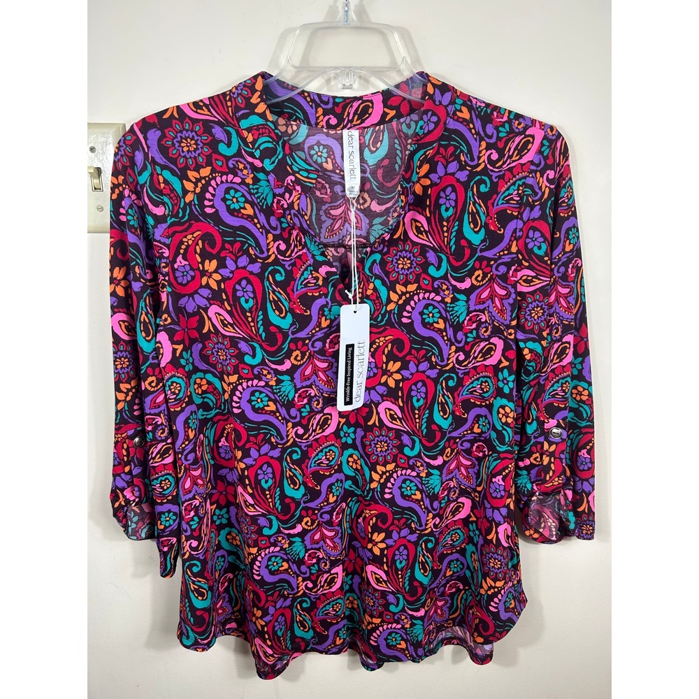 Dear Scarlett Lizzy Top Women M Purple Paisley Wrinkle Free 3/4 Sleeve Eclectic